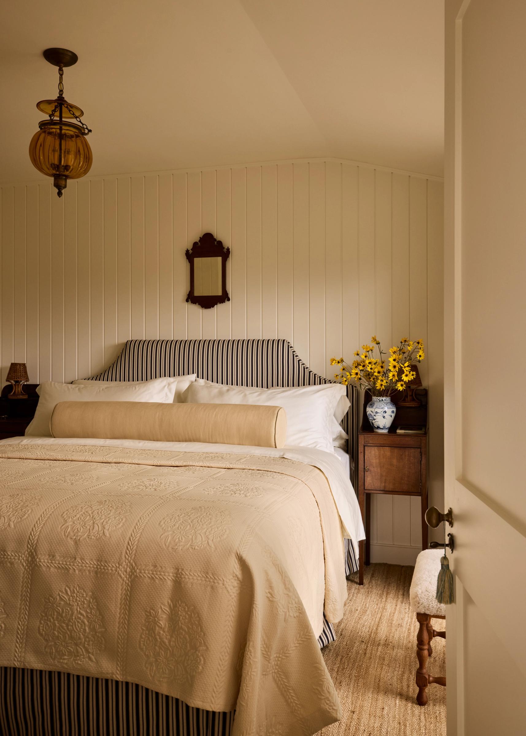 Striped upholstered bed