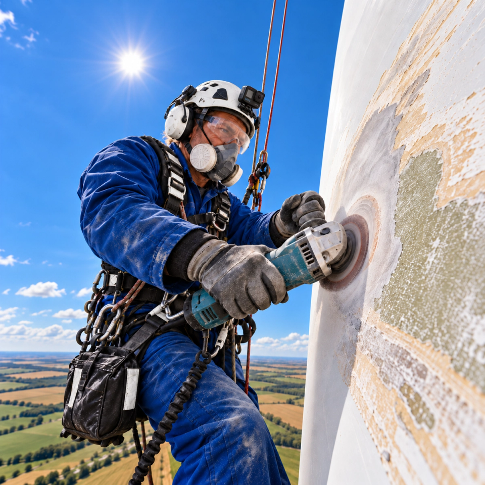 Rope access technician grinding the blade