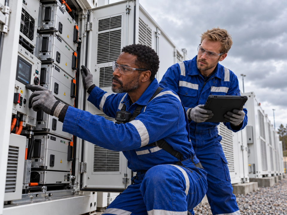 Technicians Inspect an Open Battery Cabinet