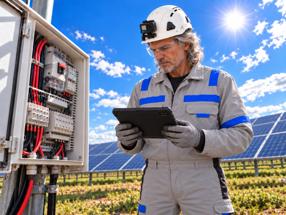 Solar Energy technician working on electrical cabined with a tablet