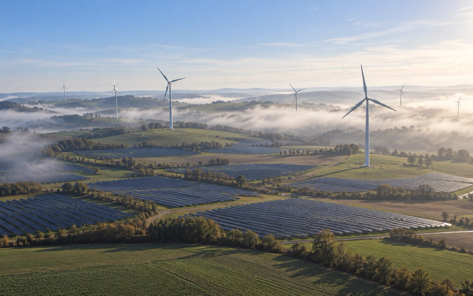 Renewable Energy Across Misty Rolling Hills
