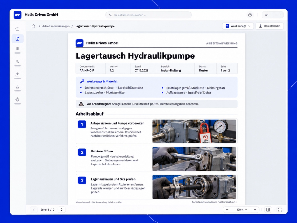 Image of a filled-in work instruction for the bearing replacement of a hydraulic pump