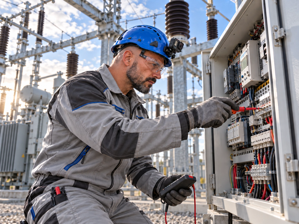 Technician Inspecting a Substation