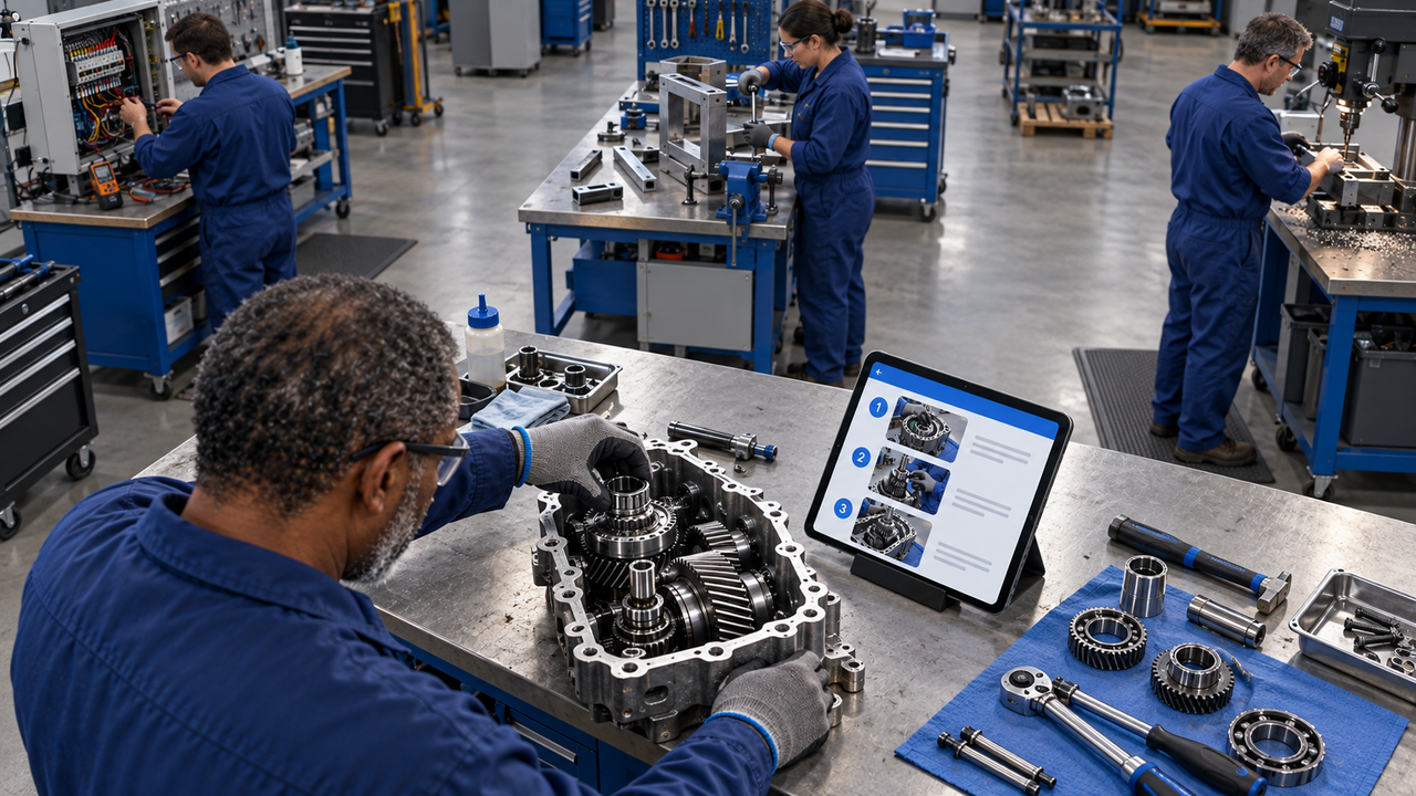 Image of a blue-collar worker completing a manufacturing assembly task using work instruction software