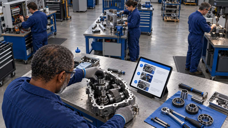 Image of a blue-collar worker completing a manufacturing assembly task using work instruction software