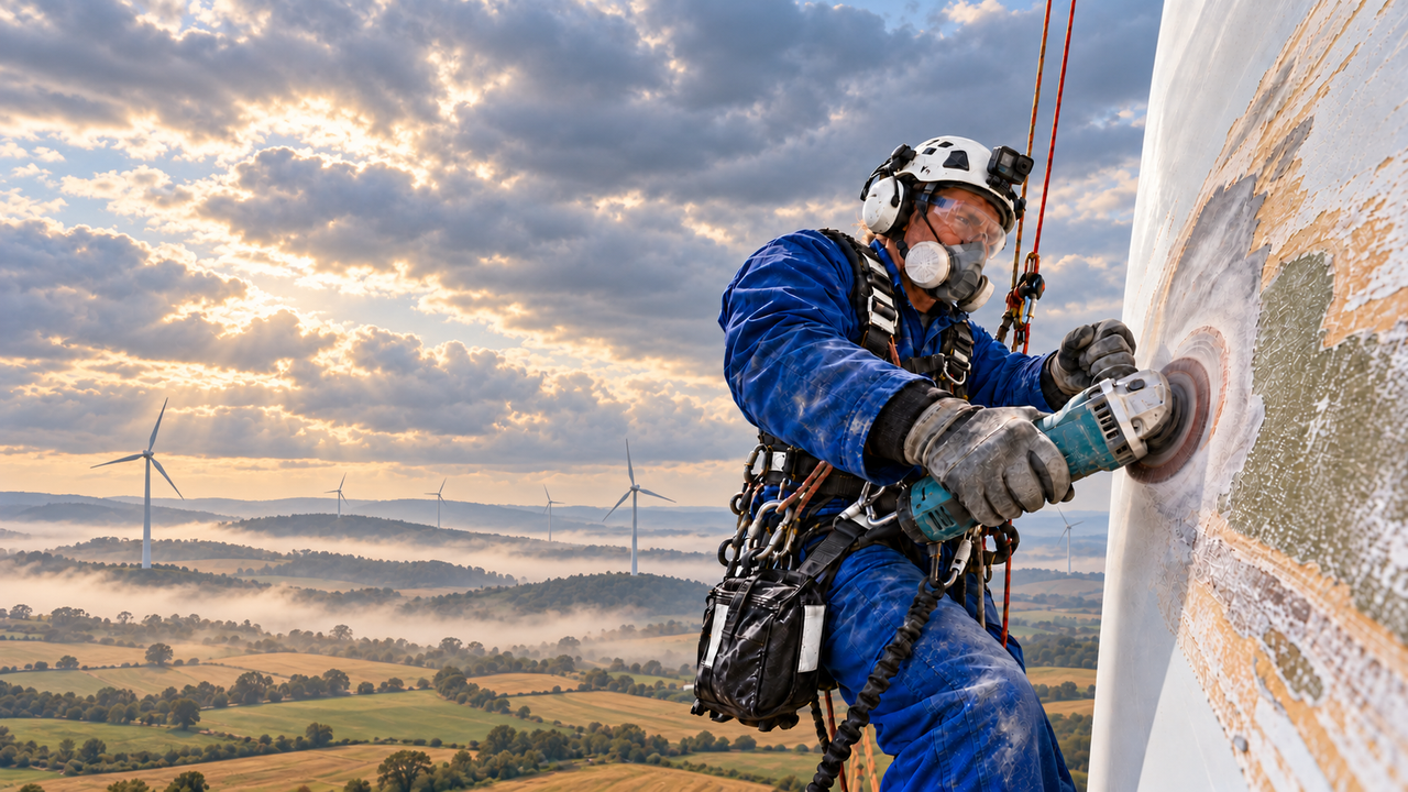 Wind turbine blade repair under moody clouds