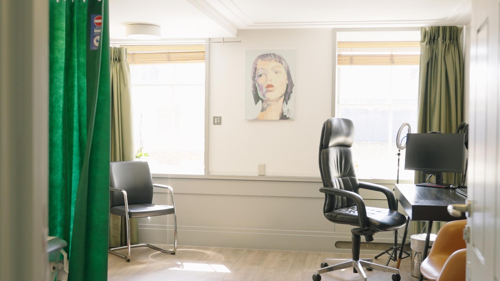 Surgeons office with two windows and a painting of a woman