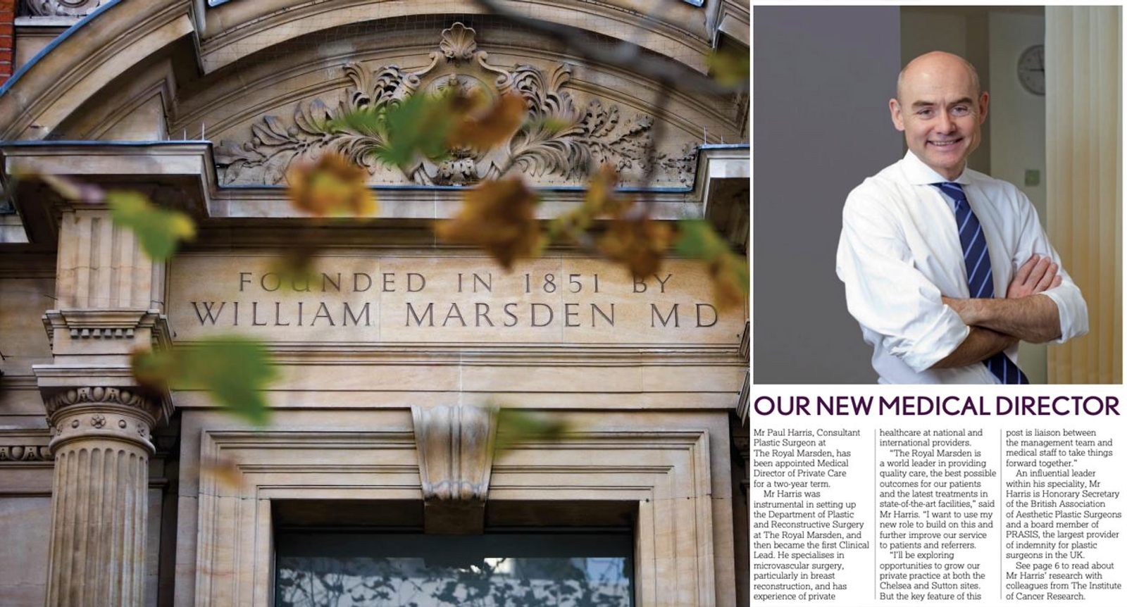 Entrance to building with inscription: "Founded in 1851 by William Marsden MD"