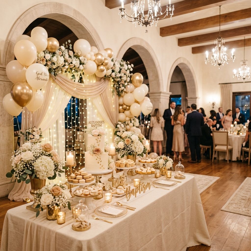 Decor de botez cu baloane aurii, flori albe si masa festiva