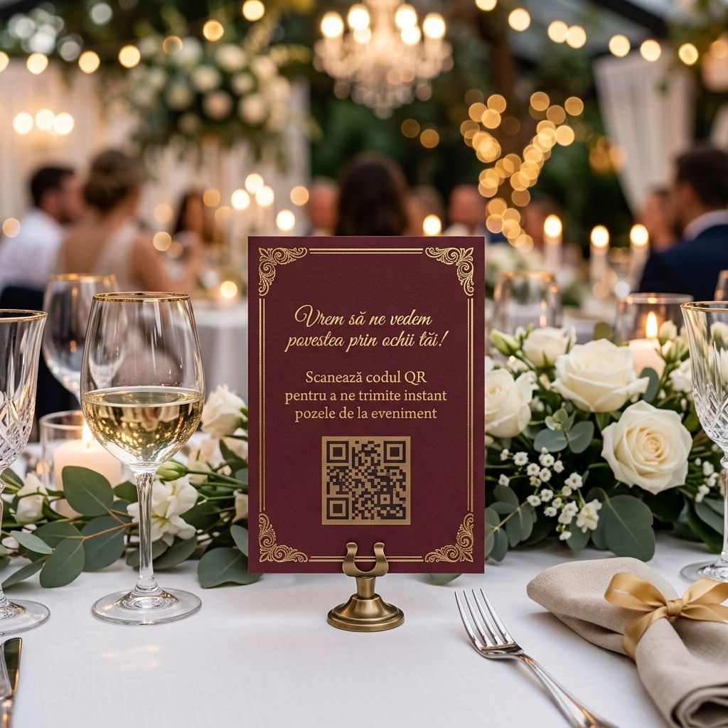 Cartonas visiniu cu cod QR pe o masa de nunta decorata cu flori albe