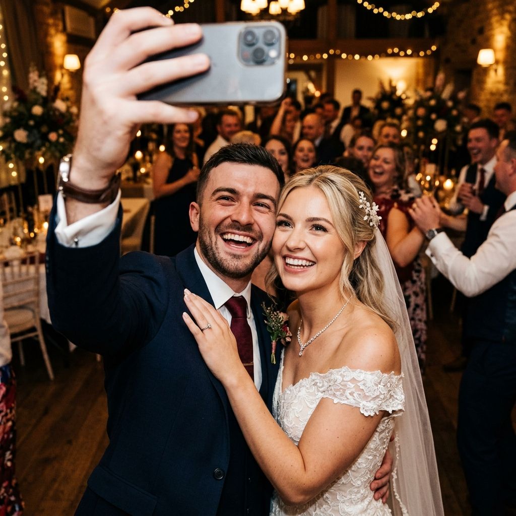 Miri care isi fac un selfie cu invitatii in fundal la nunta