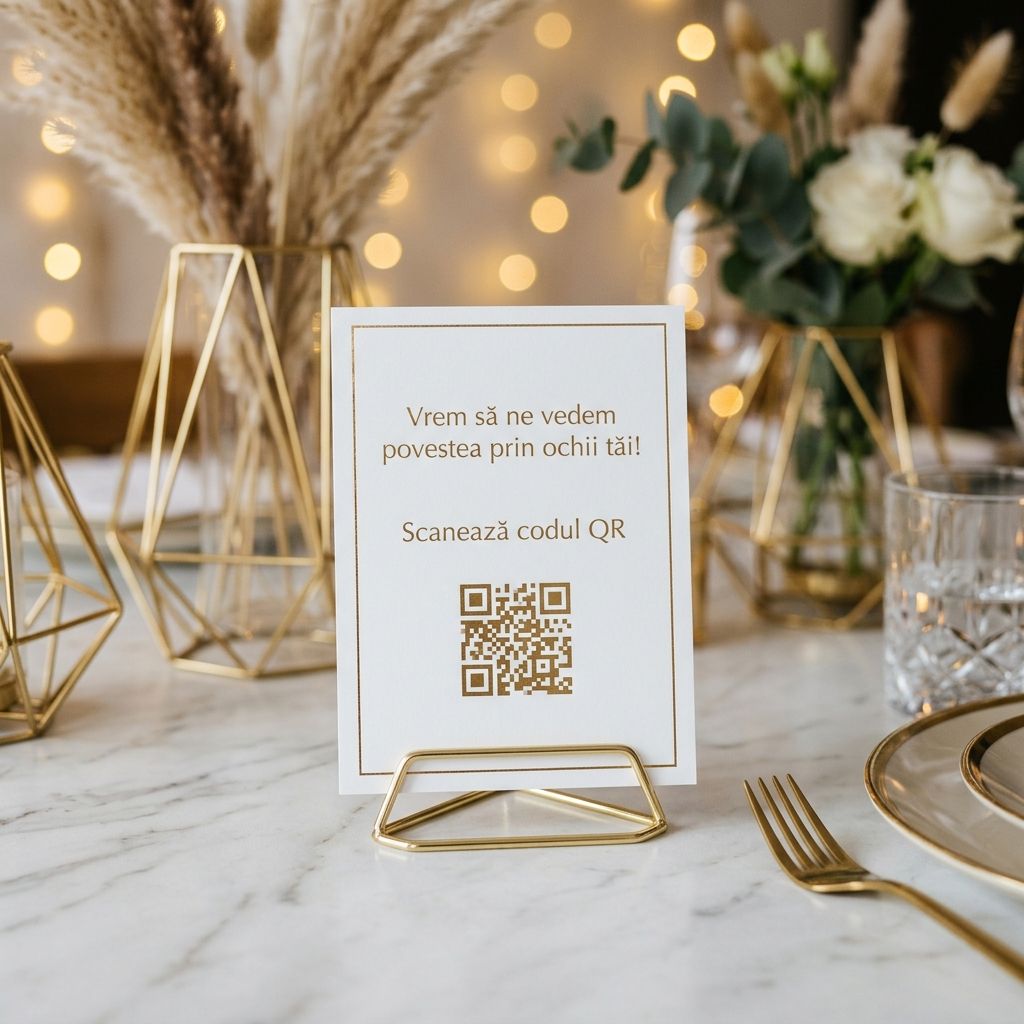 Cartonas minimalist cu cod QR pe o masa eleganta de nunta