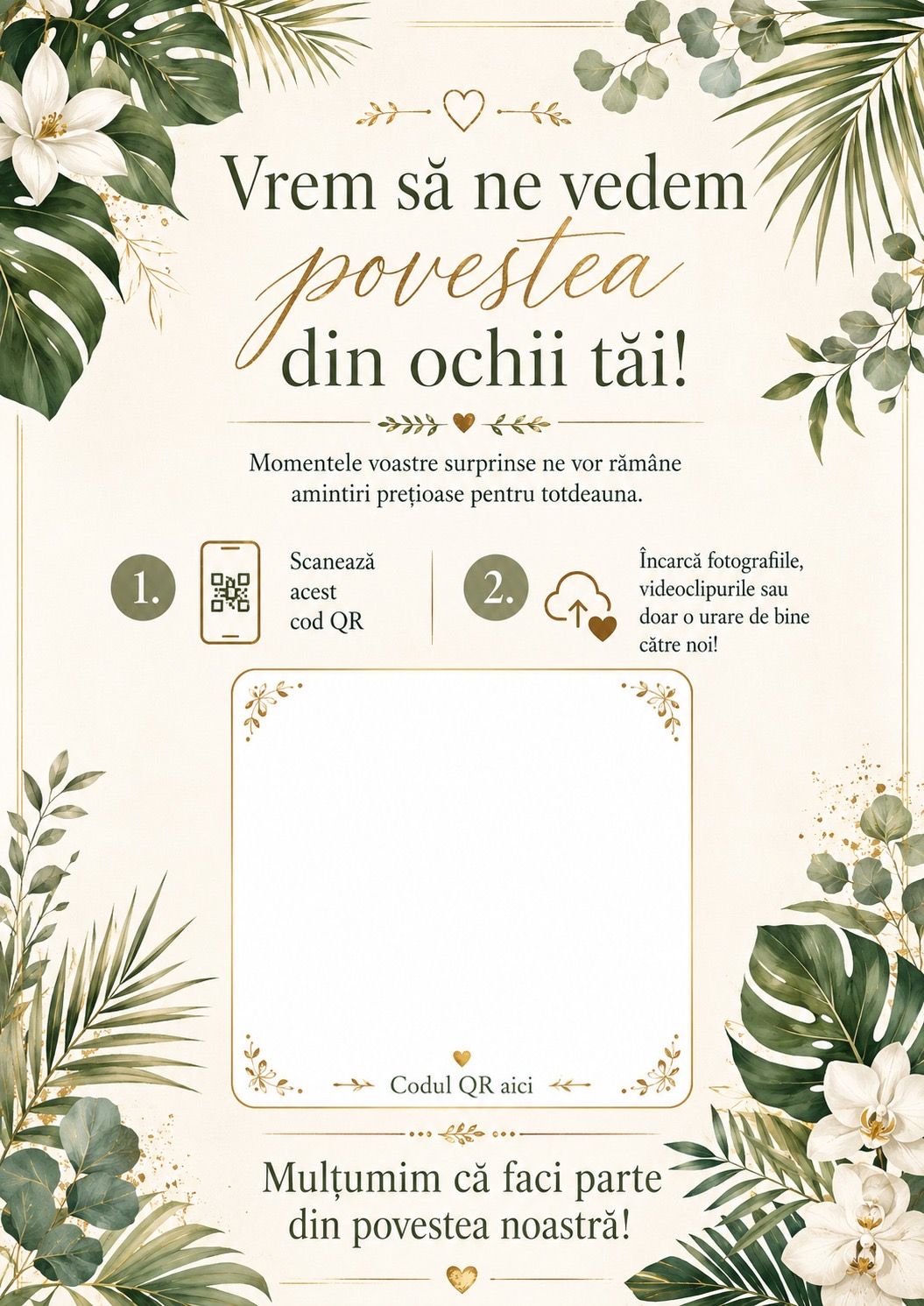 Cartonas cu cod QR si frunze verzi pe o masa de nunta in aer liber