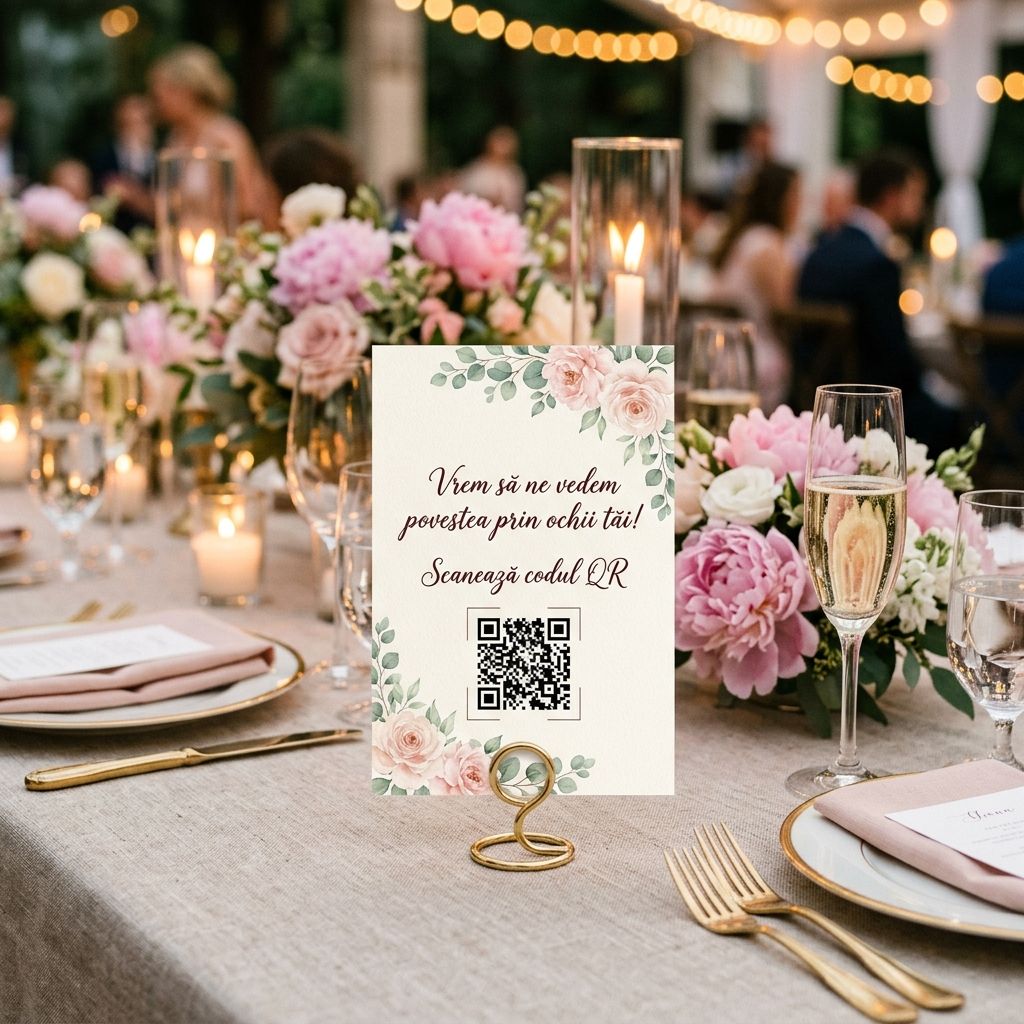 Cartonas floral cu cod QR pentru urari pe o masa de nunta