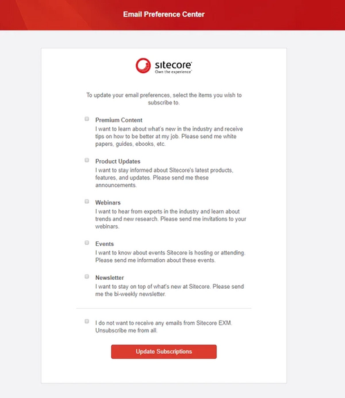 Example of Sitecore's preference center.
