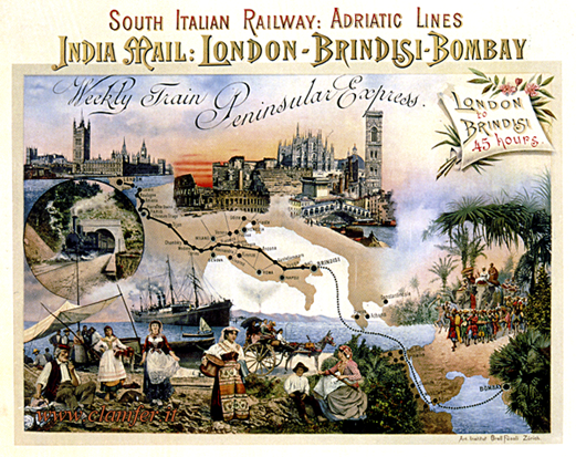Manifesto con il percorso completo Londra-Brindisi-Bombay de “La valigia delle Indie”il cui tratto ferroviario era denominato “Peninsular Express”