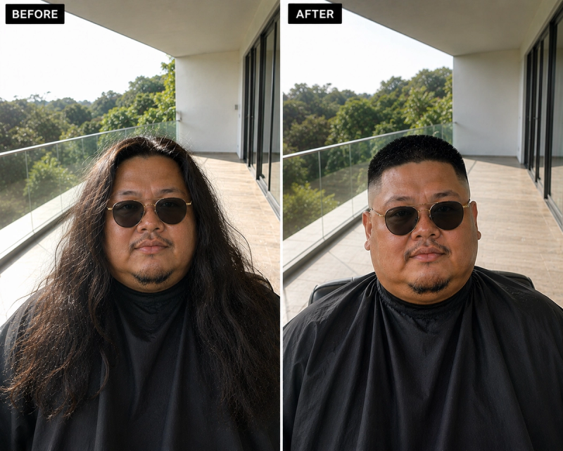 Before and after comparison of a man's haircut from a FERAT BARBER appointment