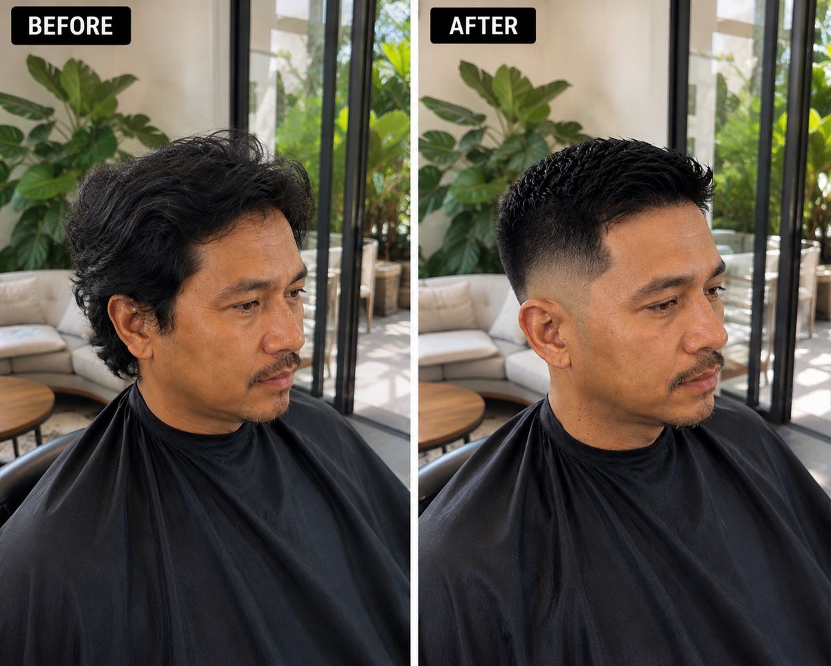 Before and after haircut showing longer hair before the service and a shorter scissor-cut top with faded sides after