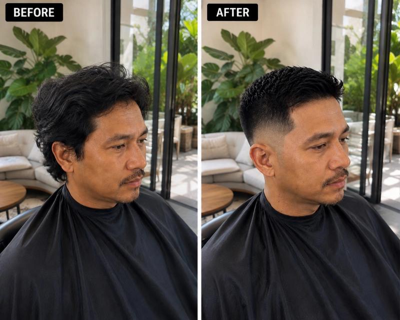 Before and after haircut showing longer hair before the service and a shorter scissor-cut top with faded sides after