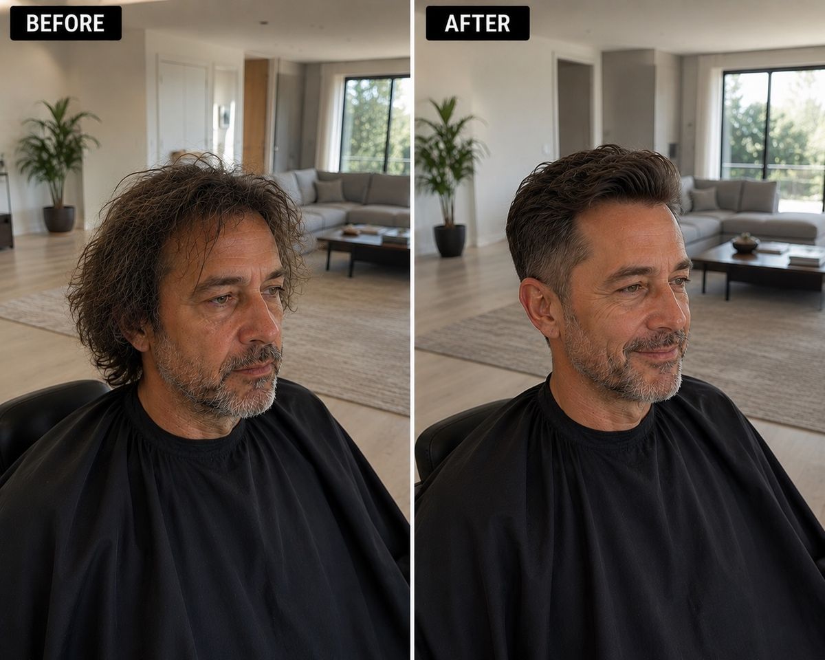 Before and after grooming showing an untrimmed beard and hair before the service and a shaped beard with trimmed cheek line, neckline and moustache after