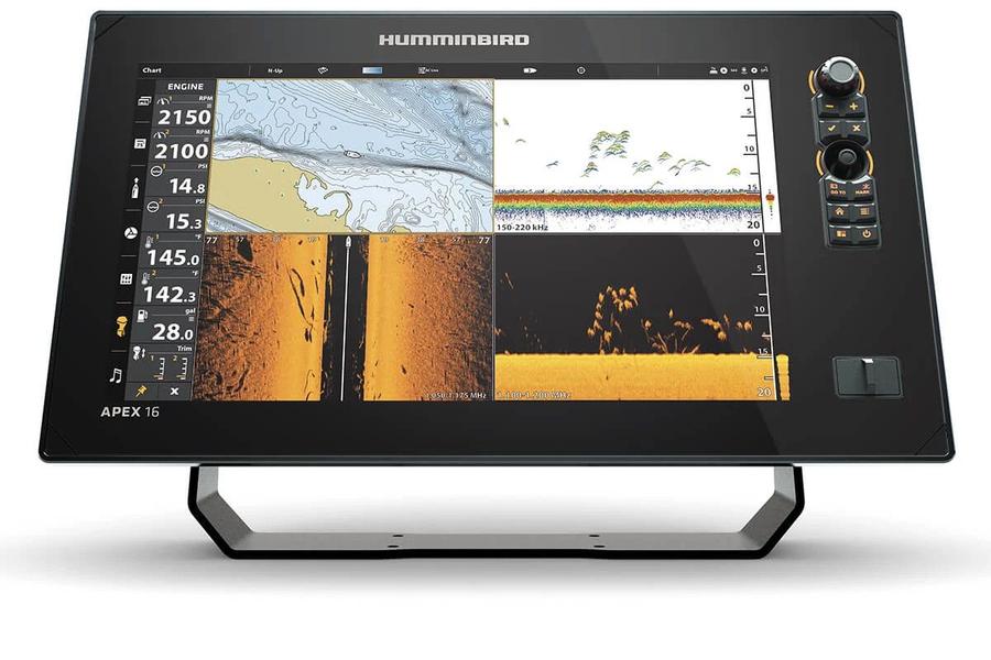 Echosonda Humminbird APEX 16 - podzielony ekran z mapą, sonarem MEGA i danymi silnika