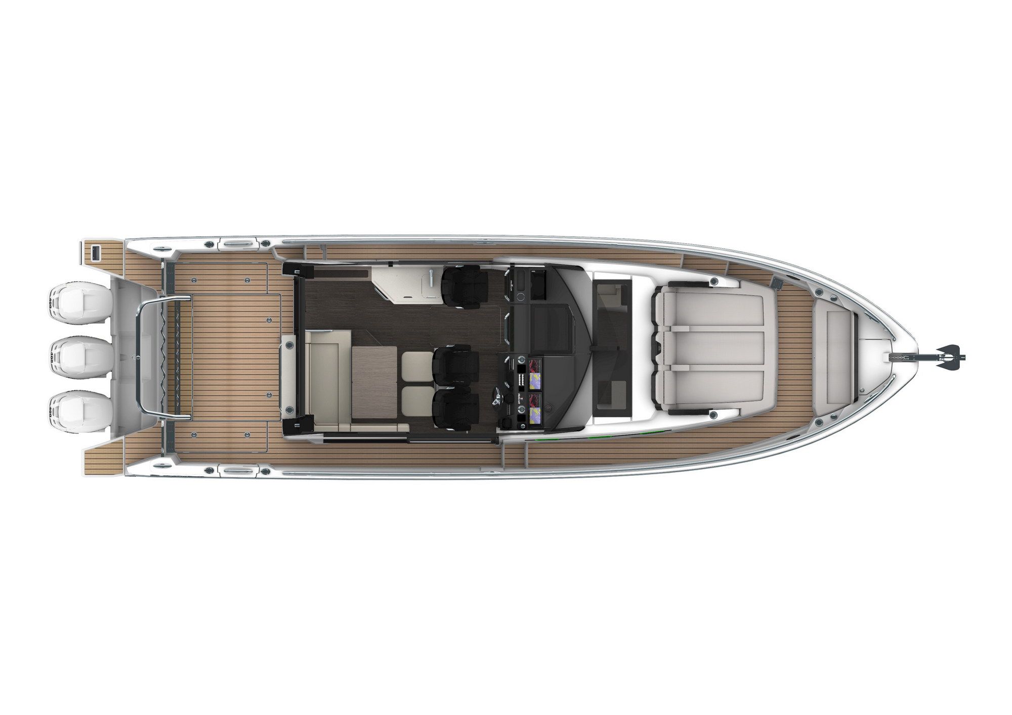 Top-down view of the Wellcraft 38 Explorer motor yacht with three outboard engines and the deck layout.