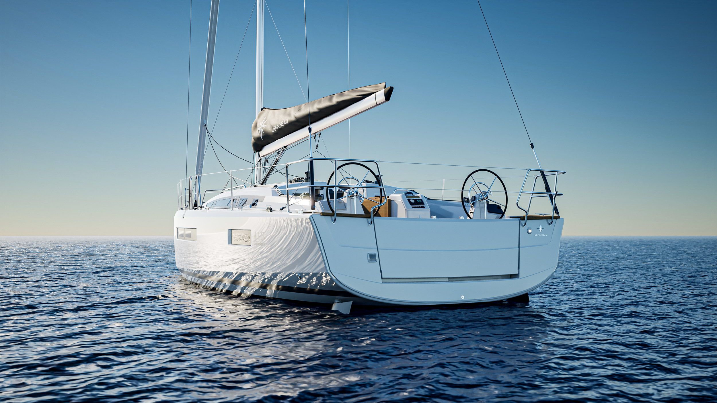 Widok na rufę jachtu żaglowego Jeanneau Sun Odyssey 415 na otwartym morzu, z dwoma kołami sterowymi i złożonym żaglem.