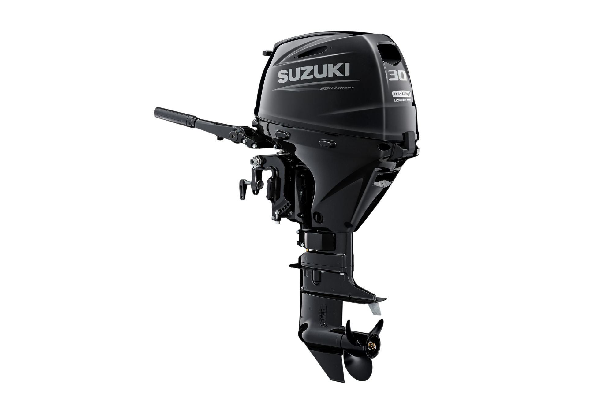 Czarny silnik zaburtowy Suzuki DF30A z rumplem, widoczna śruba napędowa. Silnik jest przedstawiony na czarnym tle.
