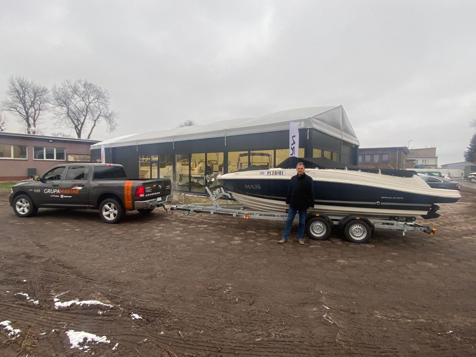 Boat on a trailer in front of Grupa Marine headquarters