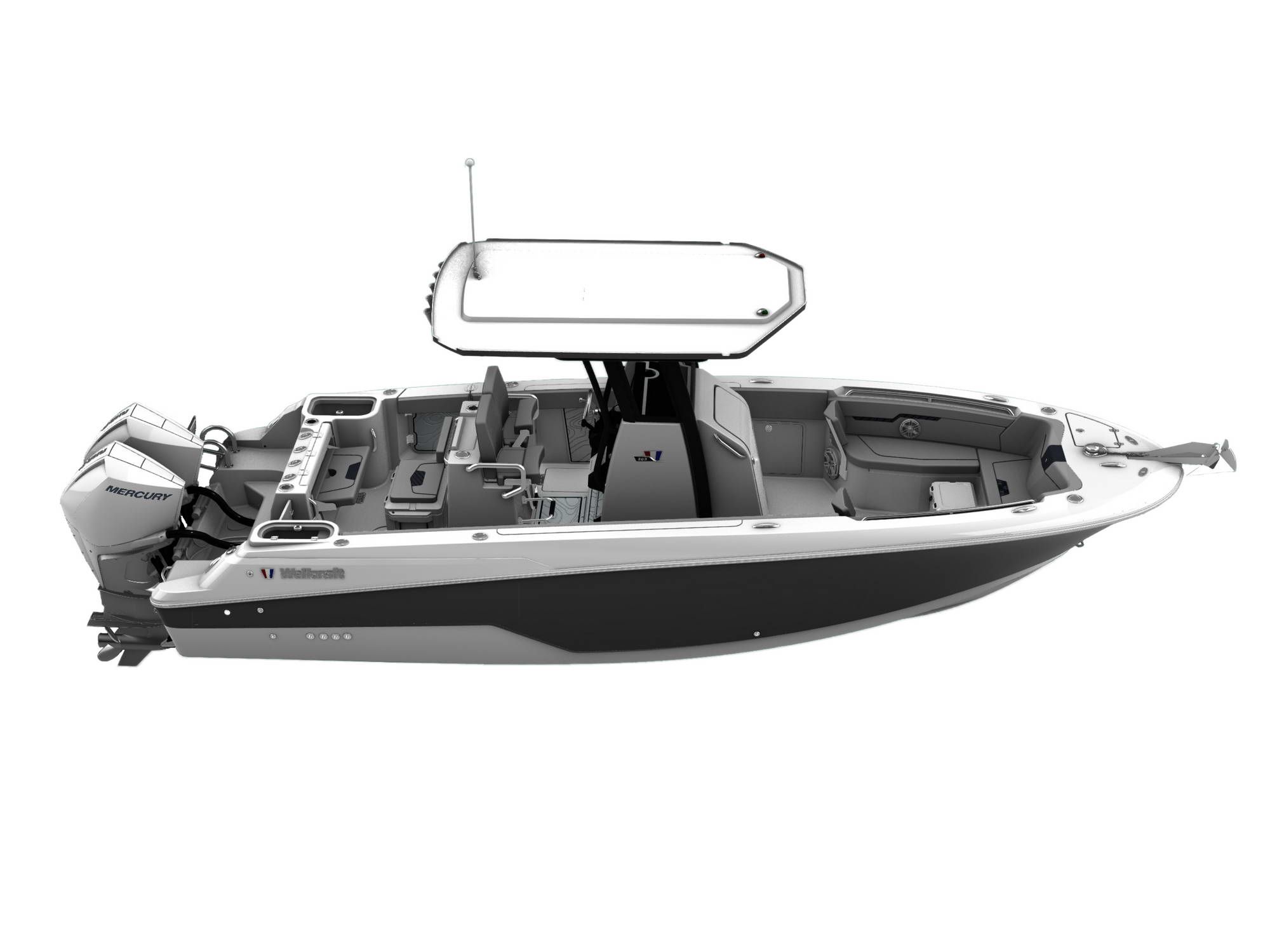 Render łodzi Wellcraft Fisherman 263 z góry, prezentujący ogólny wygląd i układ pokładu z dwoma silnikami zaburtowymi.