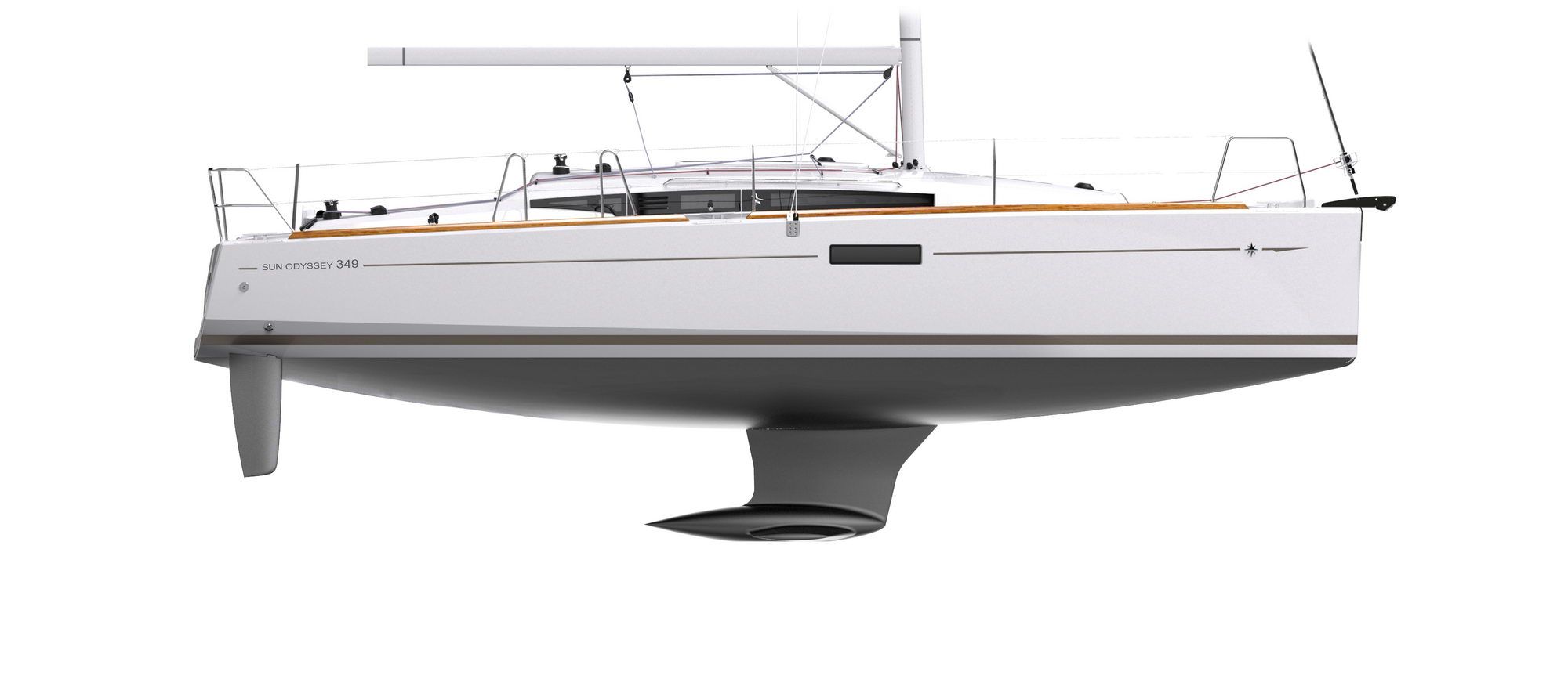 Boczny widok jachtu żaglowego Jeanneau Sun Odyssey 349, prezentujący biały kadłub, kil skrzydłowy i ster.