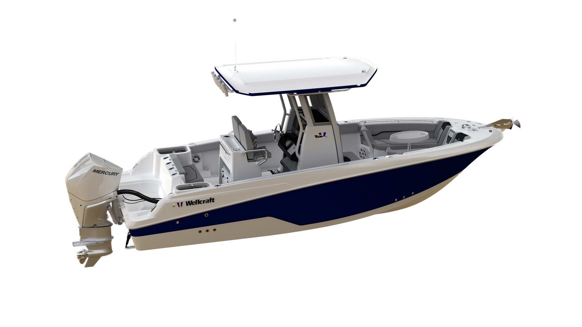 Wellcraft Fisherman 243, ein Center-Console-Angelboot mit blauem Rumpf und Mercury-Außenbordmotor.