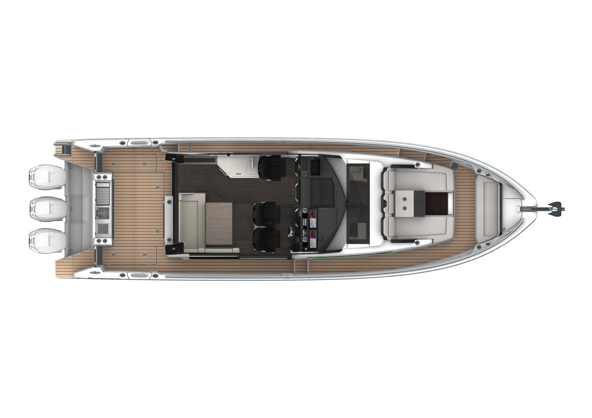 Widok z góry na jacht motorowy Wellcraft 38 Explorer z trzema silnikami zaburtowymi.