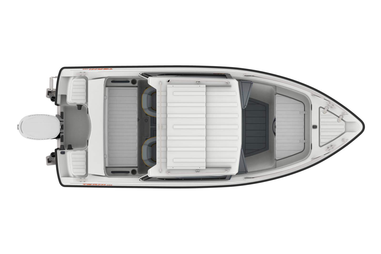 A top-down view of the Terhi 480 Cabin with cabin, deck and outboard engine.