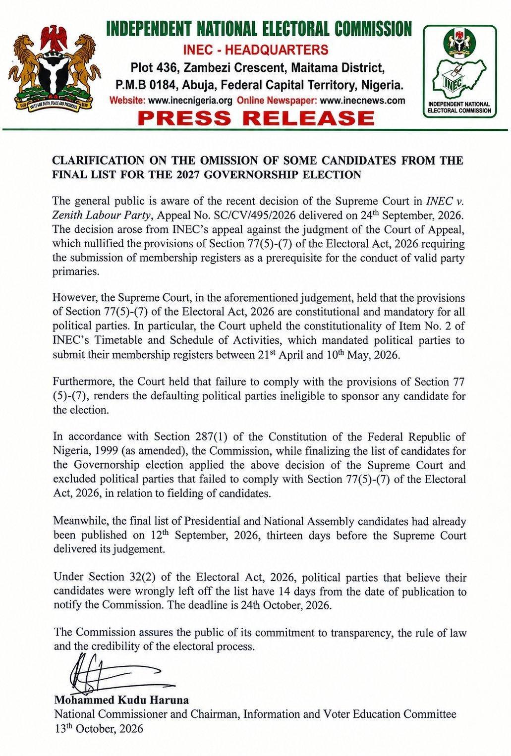 Press statement by INEC