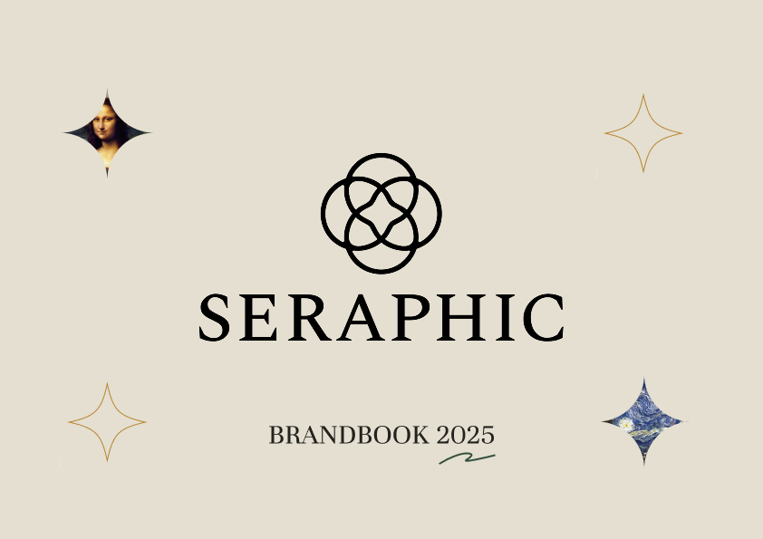 Cover van het Seraphic-brandbook 2025: zwart logo van verweven cirkels op een beige achtergrond, omringd door sterren met details uit klassieke schilderijen