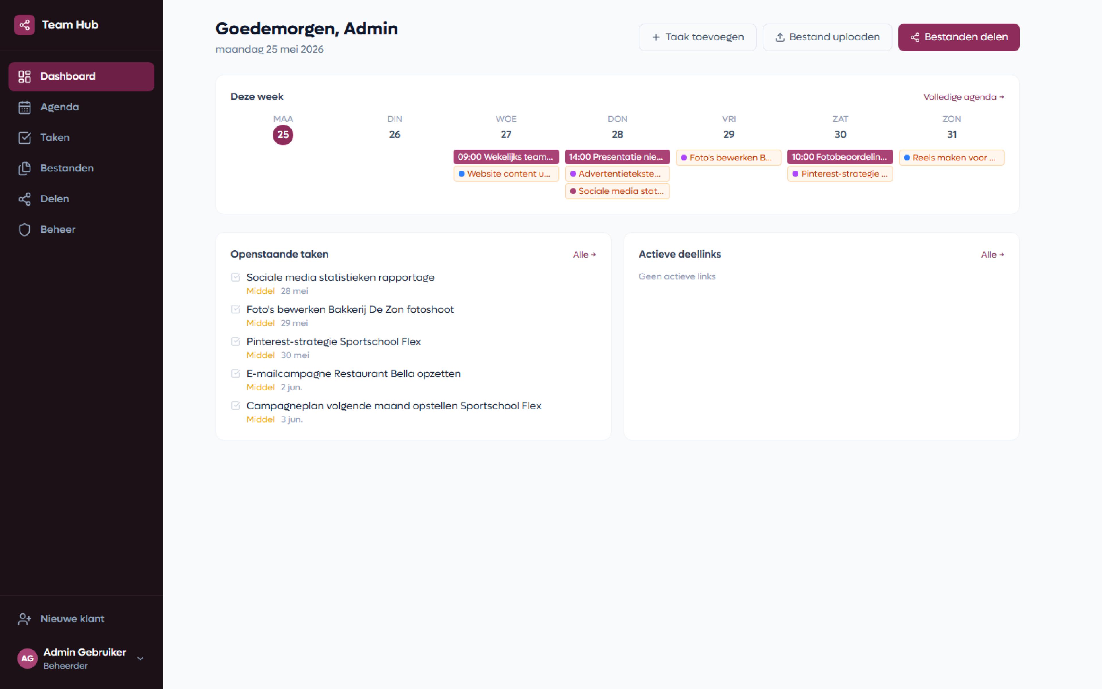 Dashboard van de webapplicatie Team Hub met weekagenda en openstaande taken