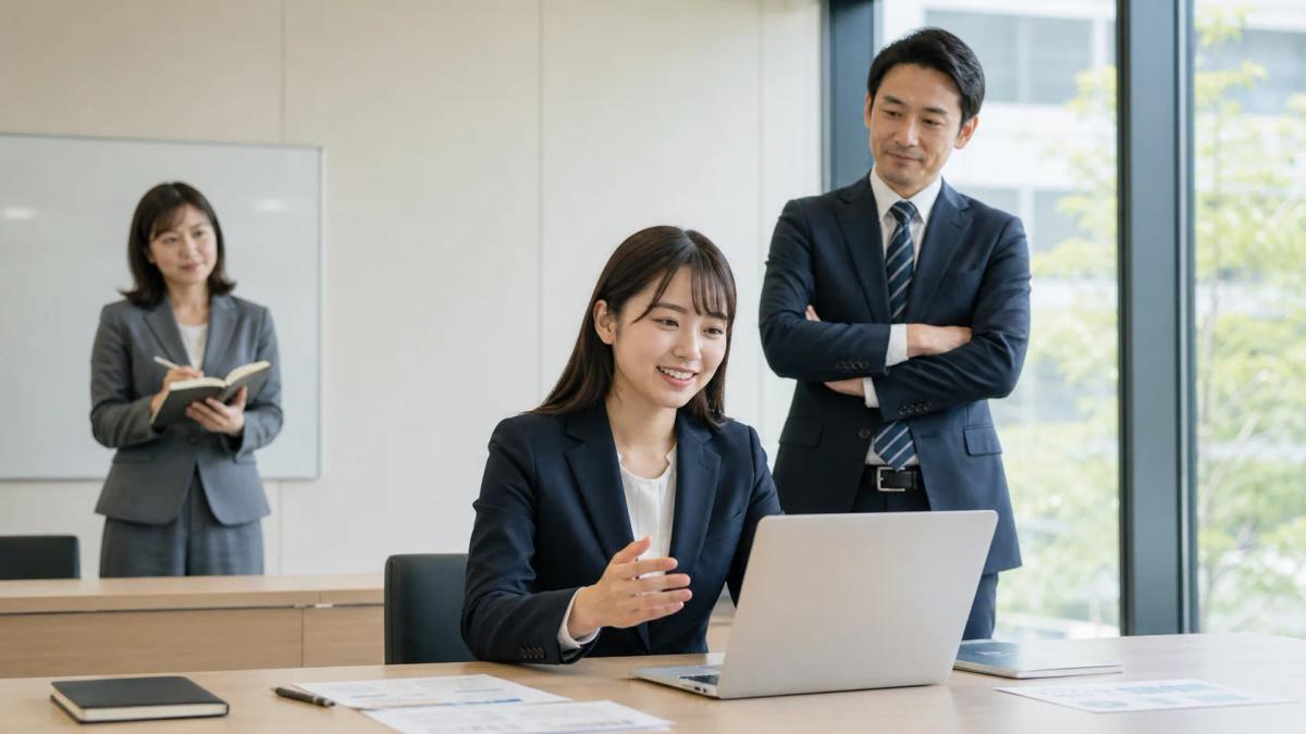 練習する営業担当者と、見守る先輩・記録するマネージャー