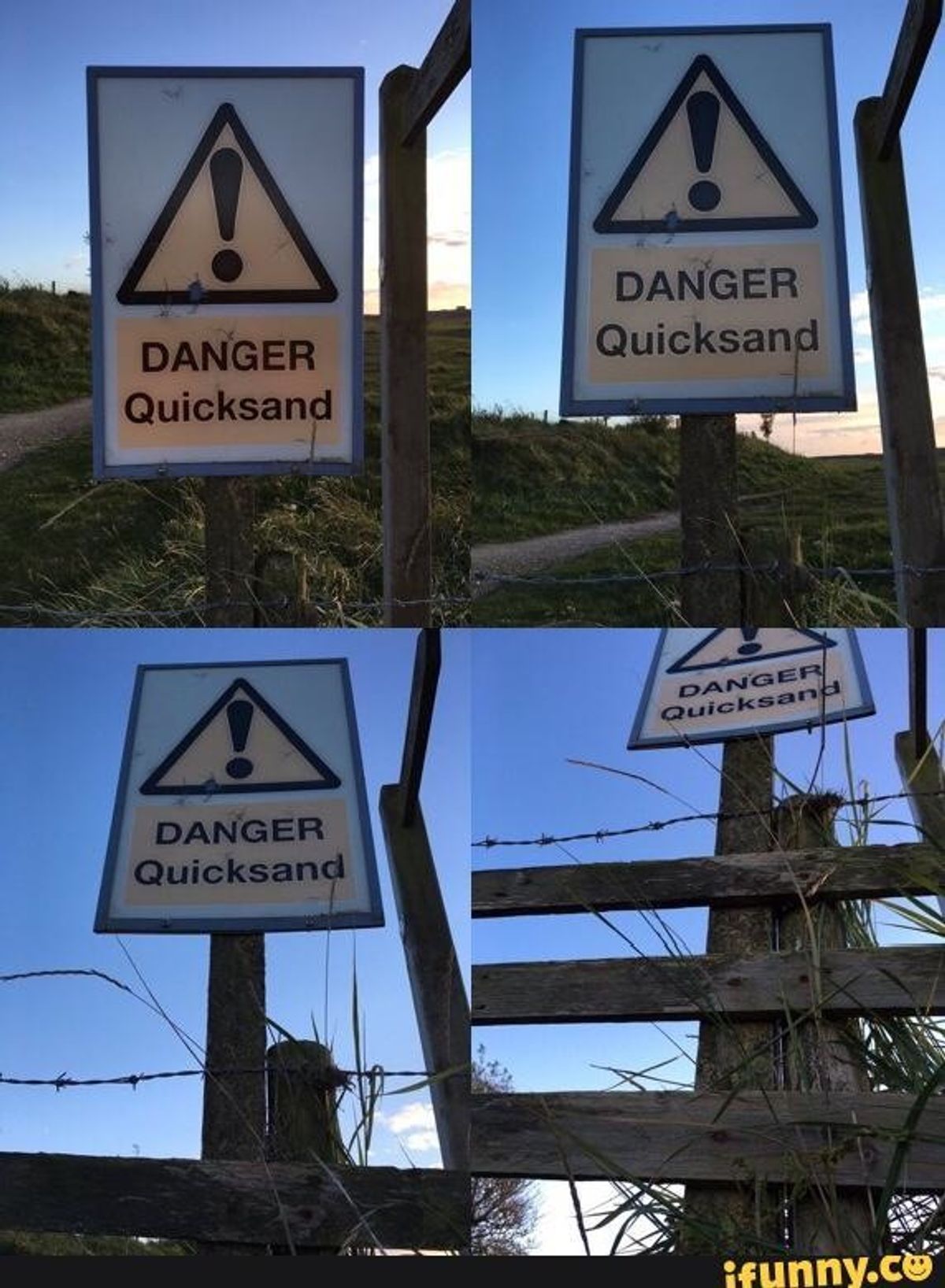 Posts with a danger quicksand sign.