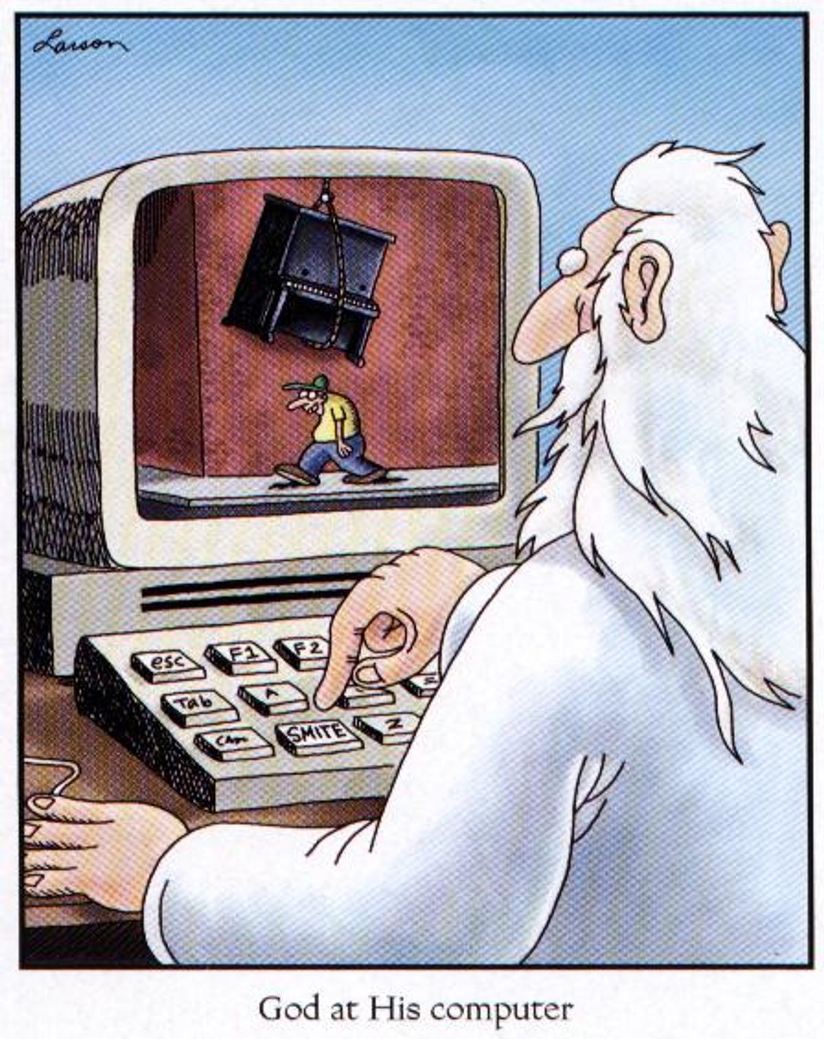 Cartoon of God sitting at a computer.