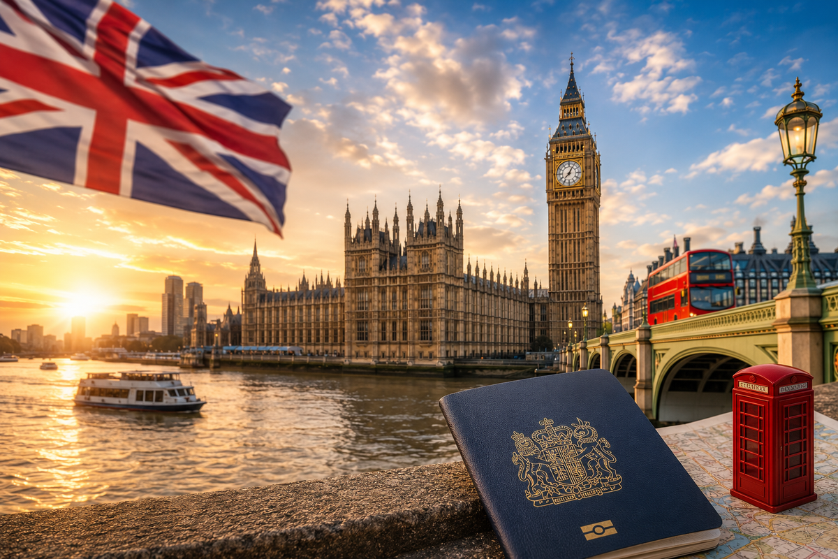 London skyline featuring Big Ben, the Houses of Parliament, Westminster Bridge, a UK flag and travel passport, representing UK visitor visa guidance for Sri Lankan applicants.