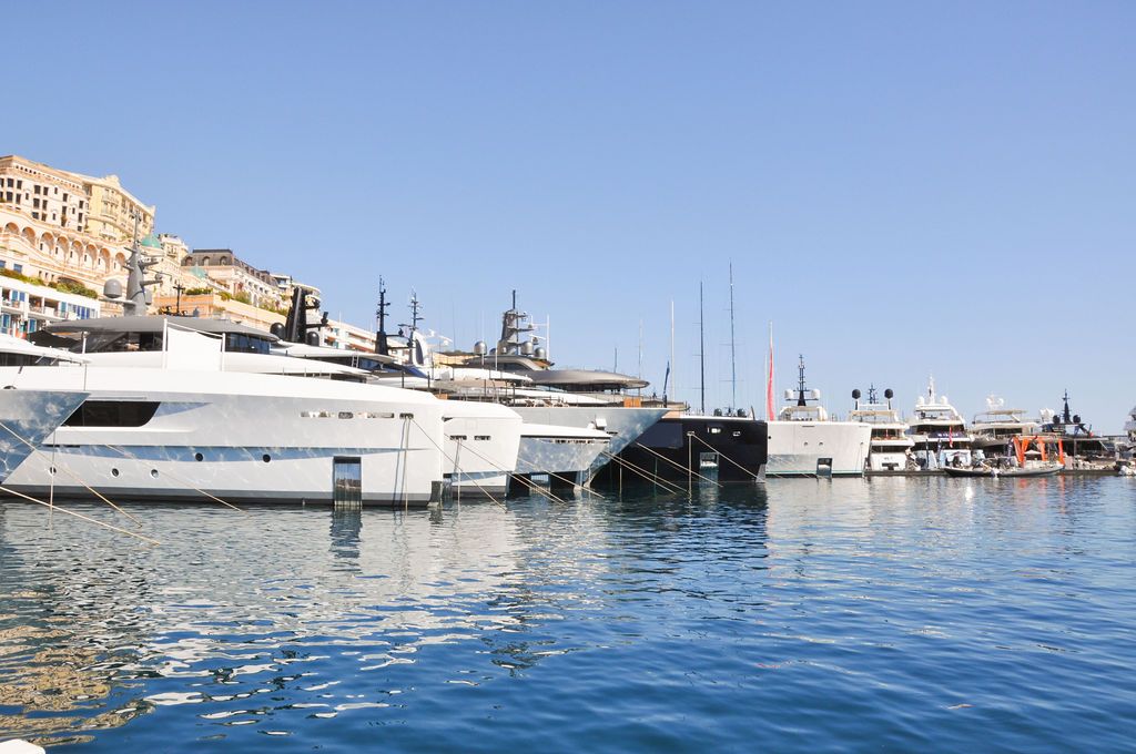 Yachts and crew on the docks at the 2026 Monaco Yacht Show in Port Hercule, Monaco.