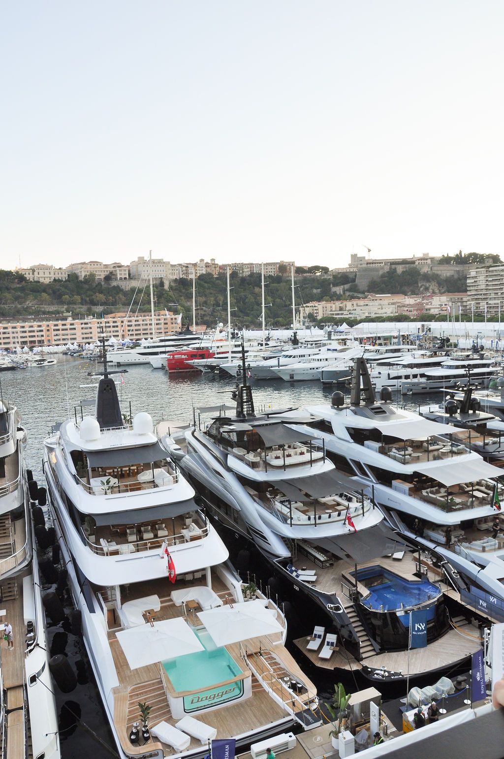 Yachts and crew on the docks at the 2026 Monaco Yacht Show in Port Hercule, Monaco.