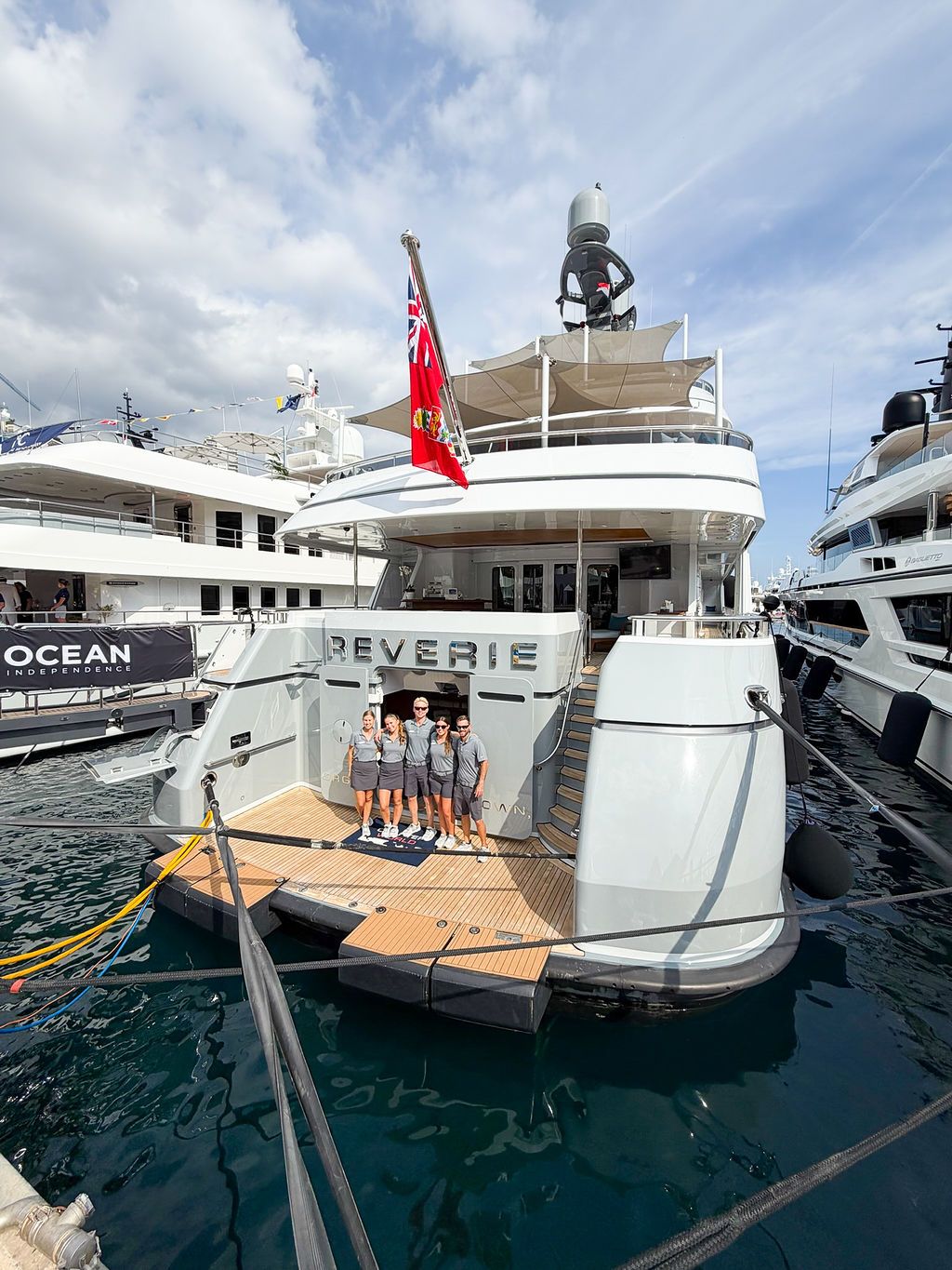 Yachts and crew on the docks at the 2026 Monaco Yacht Show in Port Hercule, Monaco.