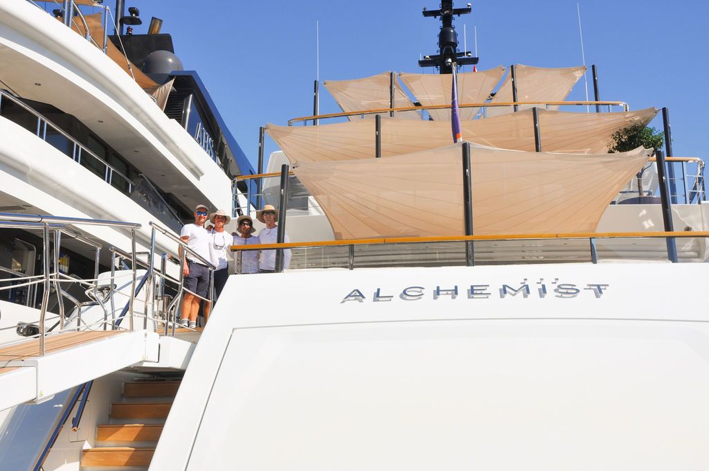 Yachts and crew on the docks at the 2026 Monaco Yacht Show in Port Hercule, Monaco.