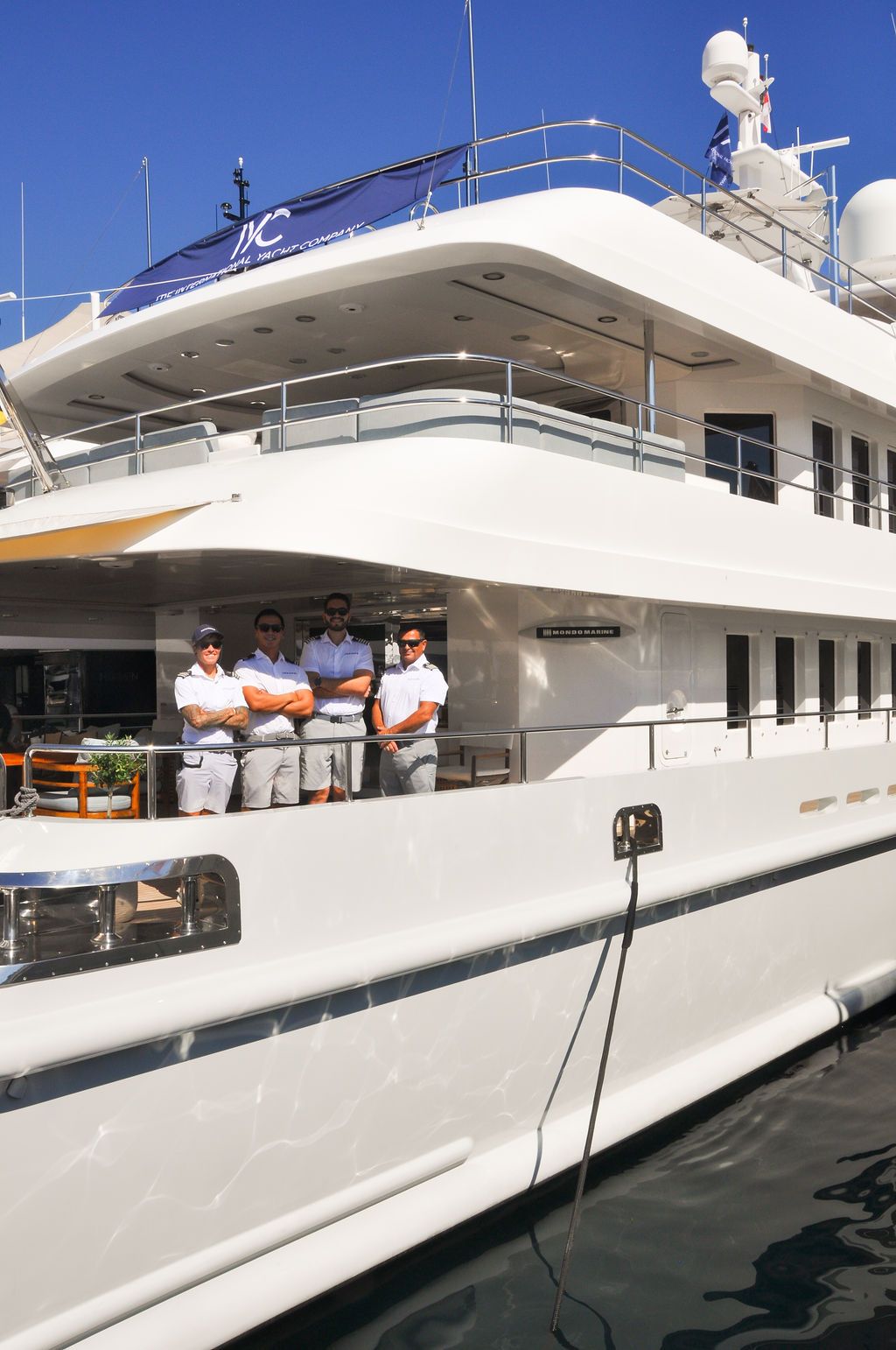Yachts and crew on the docks at the 2026 Monaco Yacht Show in Port Hercule, Monaco.