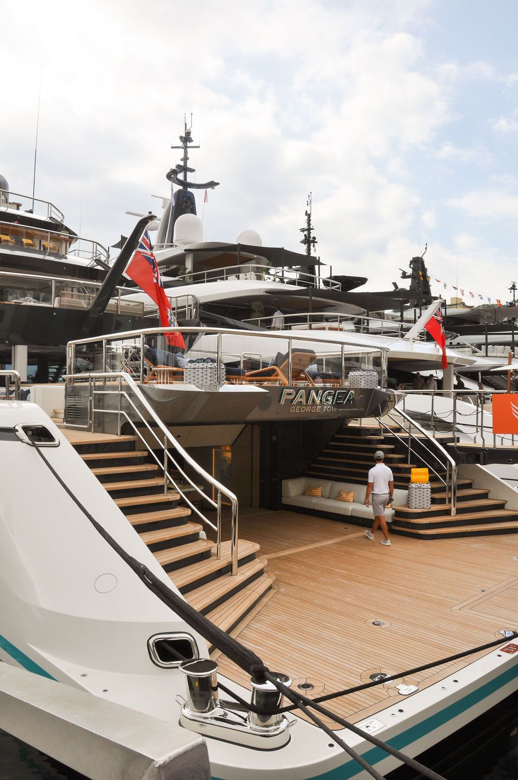 Yachts and crew on the docks at the 2026 Monaco Yacht Show in Port Hercule, Monaco.