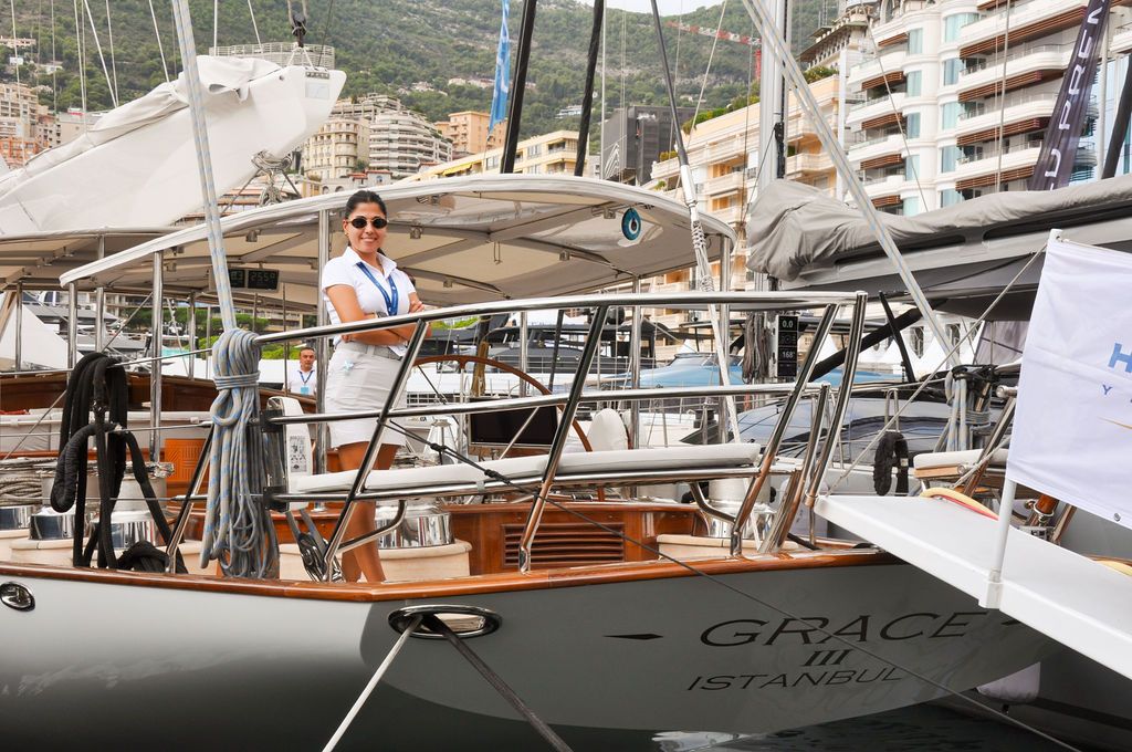 Yachts and crew on the docks at the 2026 Monaco Yacht Show in Port Hercule, Monaco.