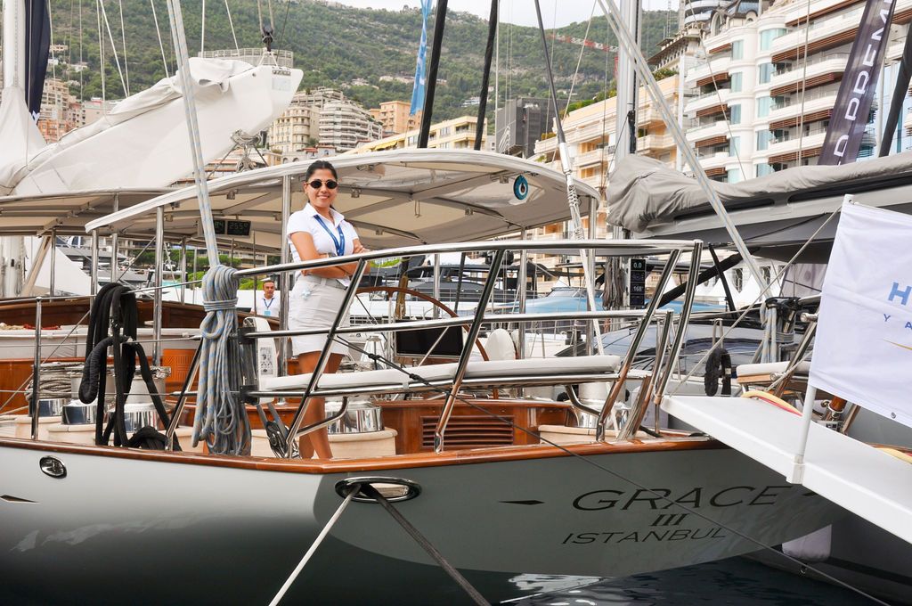 Yachts and crew on the docks at the 2026 Monaco Yacht Show in Port Hercule, Monaco.