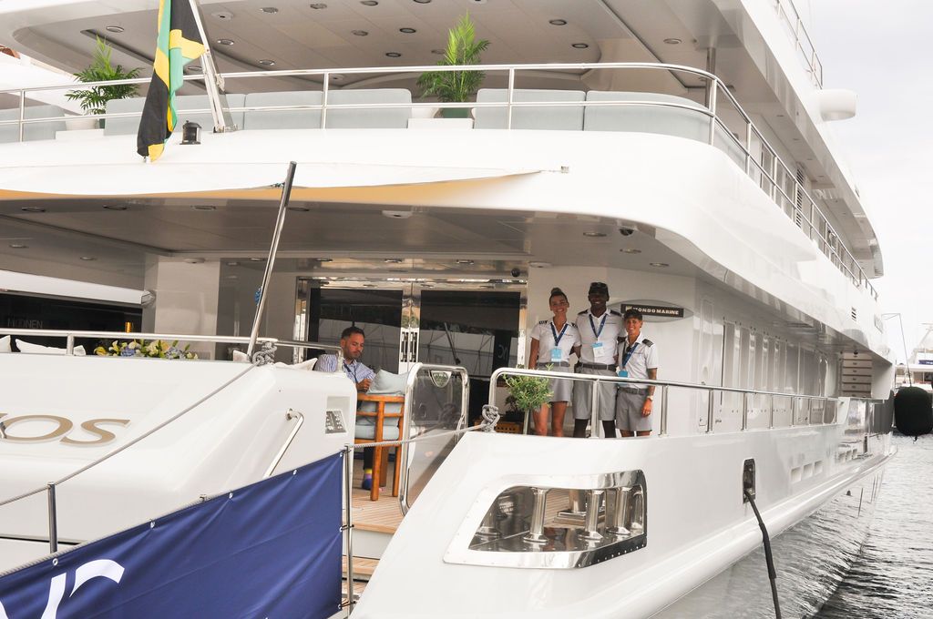Yachts and crew on the docks at the 2026 Monaco Yacht Show in Port Hercule, Monaco.